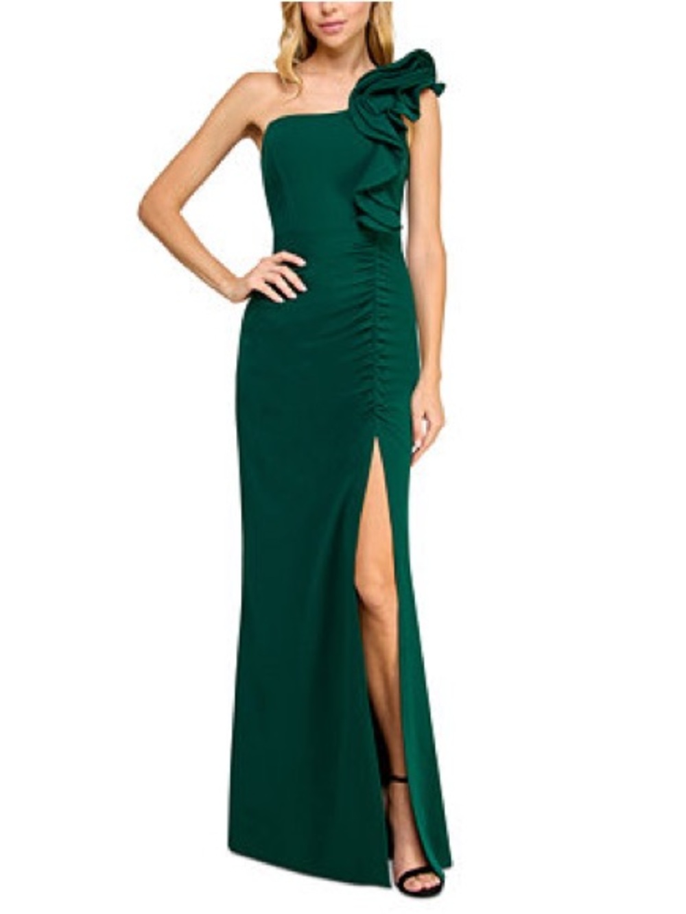 Emerald Sundae One-Shoulder Emerald Dress with Ruffle and Leg Slit